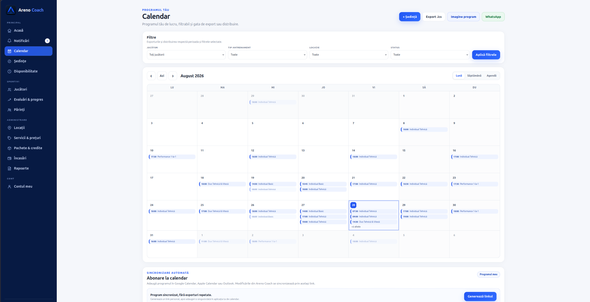 Calendar Areno Coach populat cu ședințe
