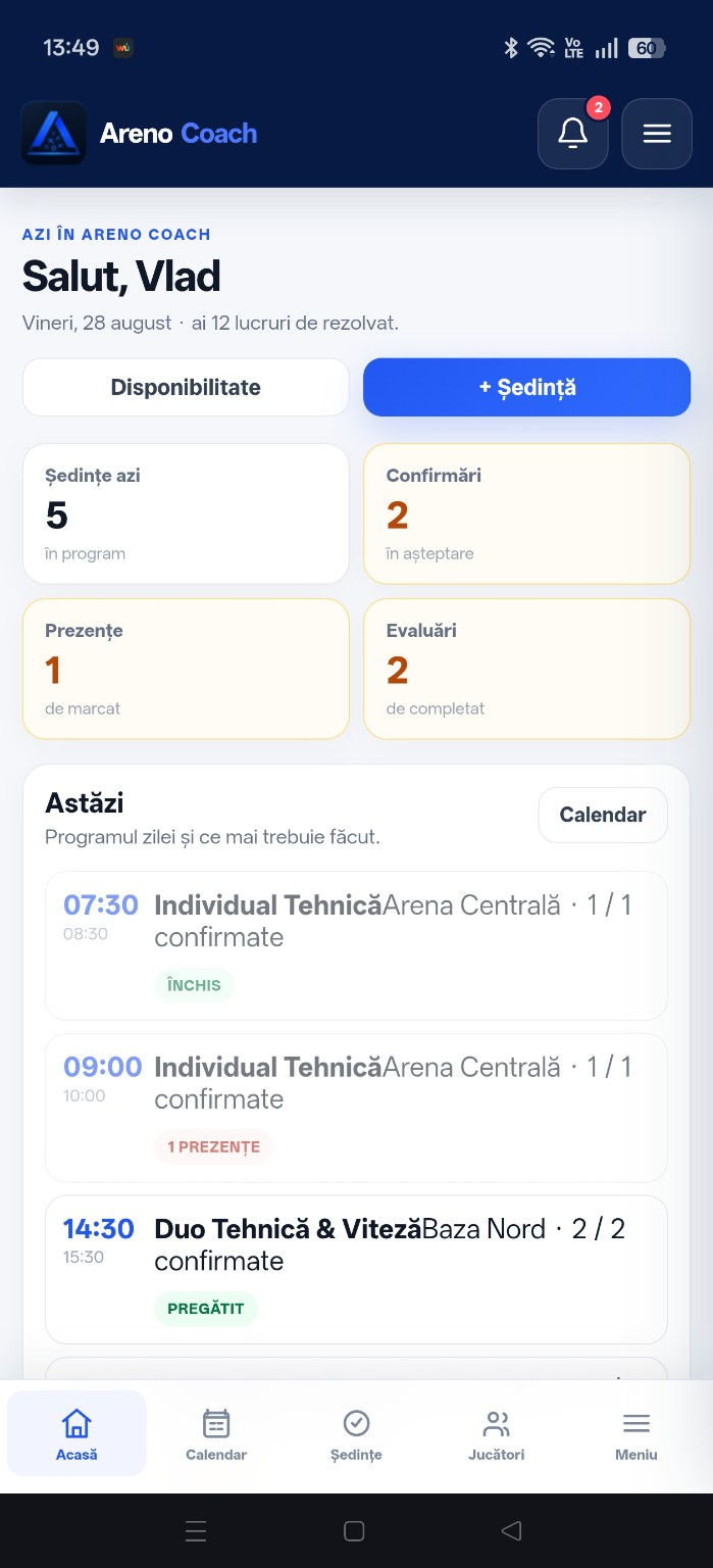 Areno Coach dashboard pe mobil